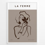 Indlæs billede til gallerivisning Framed “La Femme No.03” poster with minimalist brown line art of a woman holding a flower on a taupe background from the Bohemian Collection.
