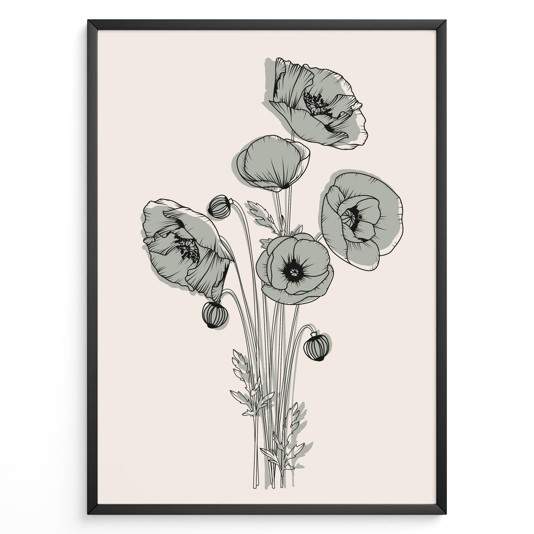 Framed minimalist floral line art poster with black poppy flowers and soft gray shading on a light beige background.