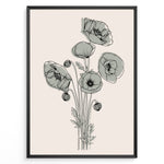 Indlæs billede til gallerivisning Framed minimalist floral line art poster with black poppy flowers and soft gray shading on a light beige background.
