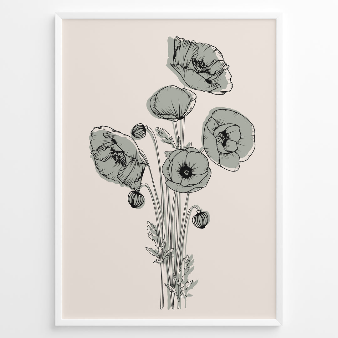 Framed minimalist floral line art poster with black poppy flowers and soft gray shading on a light beige background.