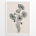 Indlæs billede til gallerivisning Framed minimalist floral line art poster with black poppy flowers and soft gray shading on a light beige background.
