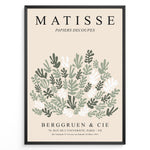 Indlæs billede til gallerivisning Framed Matisse-style botanical poster with abstract green and white leaf cutout shapes and beige background, titled “Papiers Découpés.”
