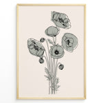 Indlæs billede til gallerivisning Framed minimalist floral line art poster with black poppy flowers and soft gray shading on a light beige background.
