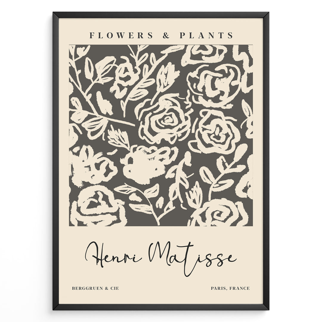 Framed Matisse-style floral poster with cream abstract rose designs on a dark gray background, titled “Flowers & Plants.”
