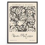 Indlæs billede til gallerivisning Framed Matisse-style floral poster with cream abstract rose designs on a dark gray background, titled “Flowers &amp; Plants.”
