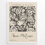 Indlæs billede til gallerivisning Framed Matisse-style floral poster with cream abstract rose designs on a dark gray background, titled “Flowers &amp; Plants.”
