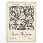 Indlæs billede til gallerivisning Framed Matisse-style floral poster with cream abstract rose designs on a dark gray background, titled “Flowers &amp; Plants.”
