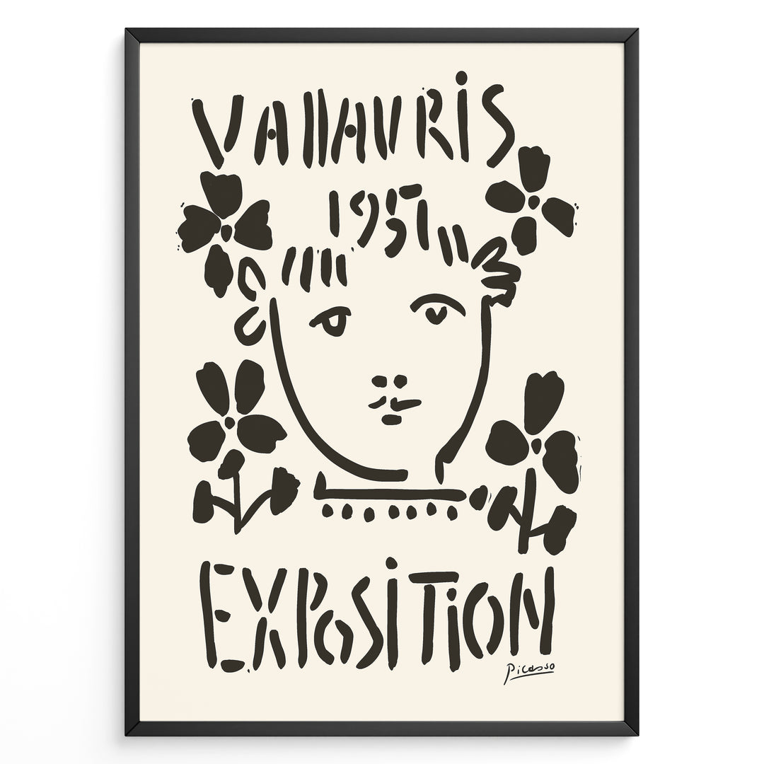 Framed Picasso Vallauris 1951 Exposition poster with black abstract portrait and floral designs on a cream background.