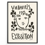 Indlæs billede til gallerivisning Framed Picasso Vallauris 1951 Exposition poster with black abstract portrait and floral designs on a cream background.
