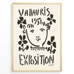 Indlæs billede til gallerivisning Framed Picasso Vallauris 1951 Exposition poster with black abstract portrait and floral designs on a cream background.
