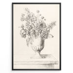 Indlæs billede til gallerivisning Framed vintage floral sketch poster showing a pencil drawing of flowers in a vase on a table, in a minimalist beige tone.

