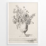 Indlæs billede til gallerivisning Framed vintage floral sketch poster showing a pencil drawing of flowers in a vase on a table, in a minimalist beige tone.
