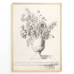 Indlæs billede til gallerivisning Framed vintage floral sketch poster showing a pencil drawing of flowers in a vase on a table, in a minimalist beige tone.
