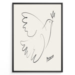 Indlæs billede til gallerivisning Framed Picasso Dove of Peace line art poster with minimalist black outline of a dove holding an olive branch on a beige background.
