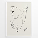 Indlæs billede til gallerivisning Framed Picasso Dove of Peace line art poster with minimalist black outline of a dove holding an olive branch on a beige background.
