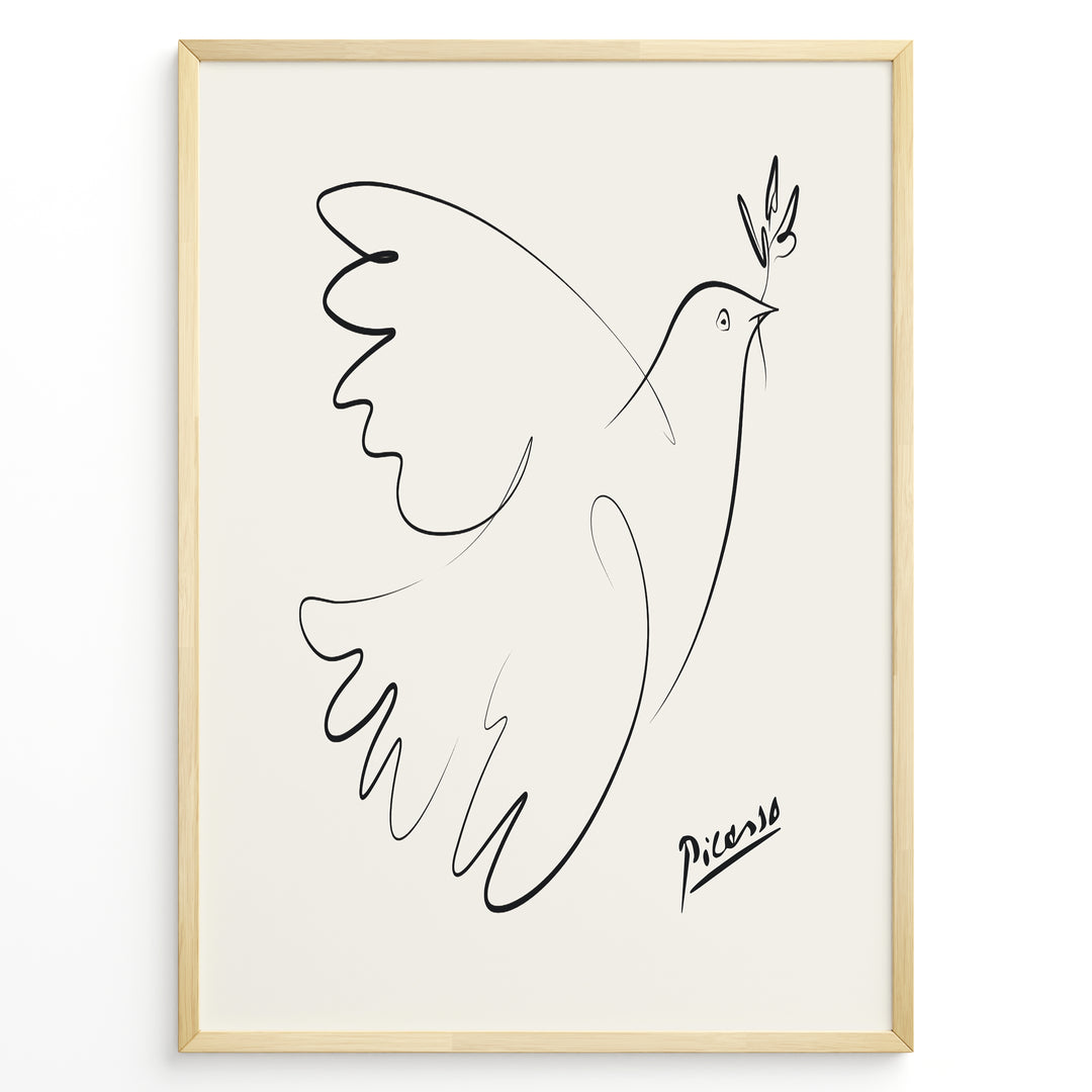 Framed Picasso Dove of Peace line art poster with minimalist black outline of a dove holding an olive branch on a beige background.