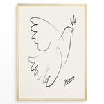 Indlæs billede til gallerivisning Framed Picasso Dove of Peace line art poster with minimalist black outline of a dove holding an olive branch on a beige background.
