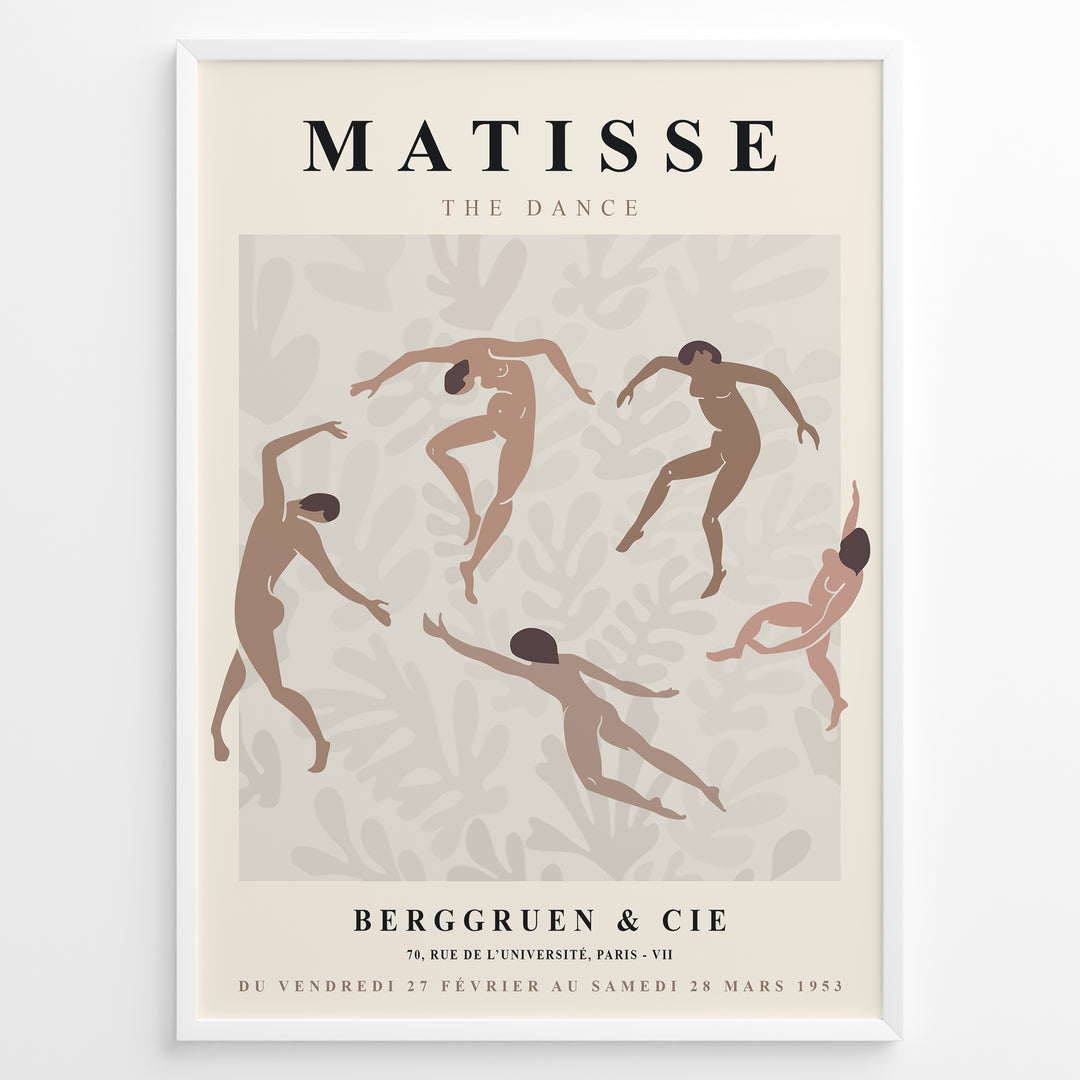 Framed Matisse “The Dance” abstract art poster with nude figures dancing on a beige patterned background.