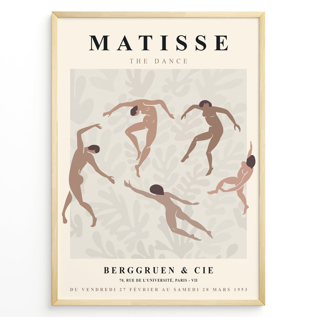 Framed Matisse “The Dance” abstract art poster with nude figures dancing on a beige patterned background.