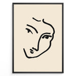 Indlæs billede til gallerivisning Minimal abstract face line art poster in black frame on beige background.
