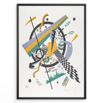 Indlæs billede til gallerivisning Framed Kandinsky abstract art poster with colorful geometric shapes in yellow, green, and purple on a white background.
