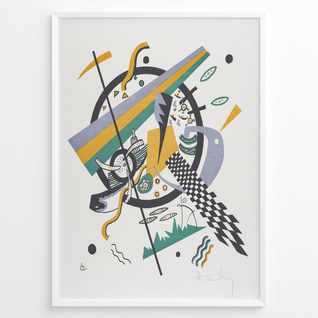 Framed Kandinsky abstract art poster with colorful geometric shapes in yellow, green, and purple on a white background.