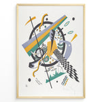 Indlæs billede til gallerivisning Framed Kandinsky abstract art poster with colorful geometric shapes in yellow, green, and purple on a white background.
