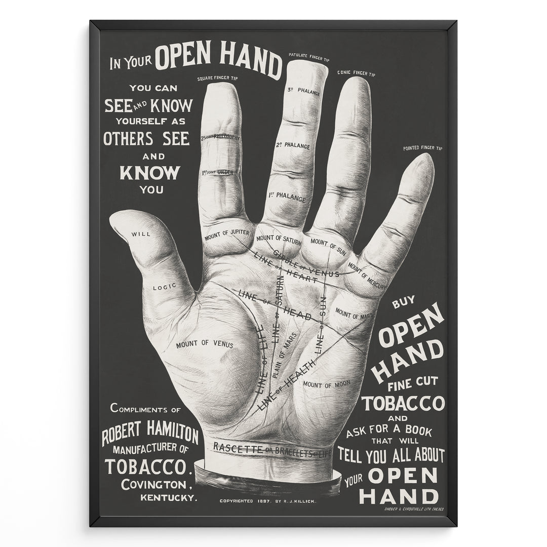 Framed vintage palmistry hand poster in black and white, featuring detailed labeled hand diagram and typography.