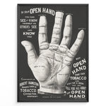 Indlæs billede til gallerivisning Framed vintage palmistry hand poster in black and white, featuring detailed labeled hand diagram and typography.
