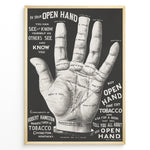Indlæs billede til gallerivisning Framed vintage palmistry hand poster in black and white, featuring detailed labeled hand diagram and typography.
