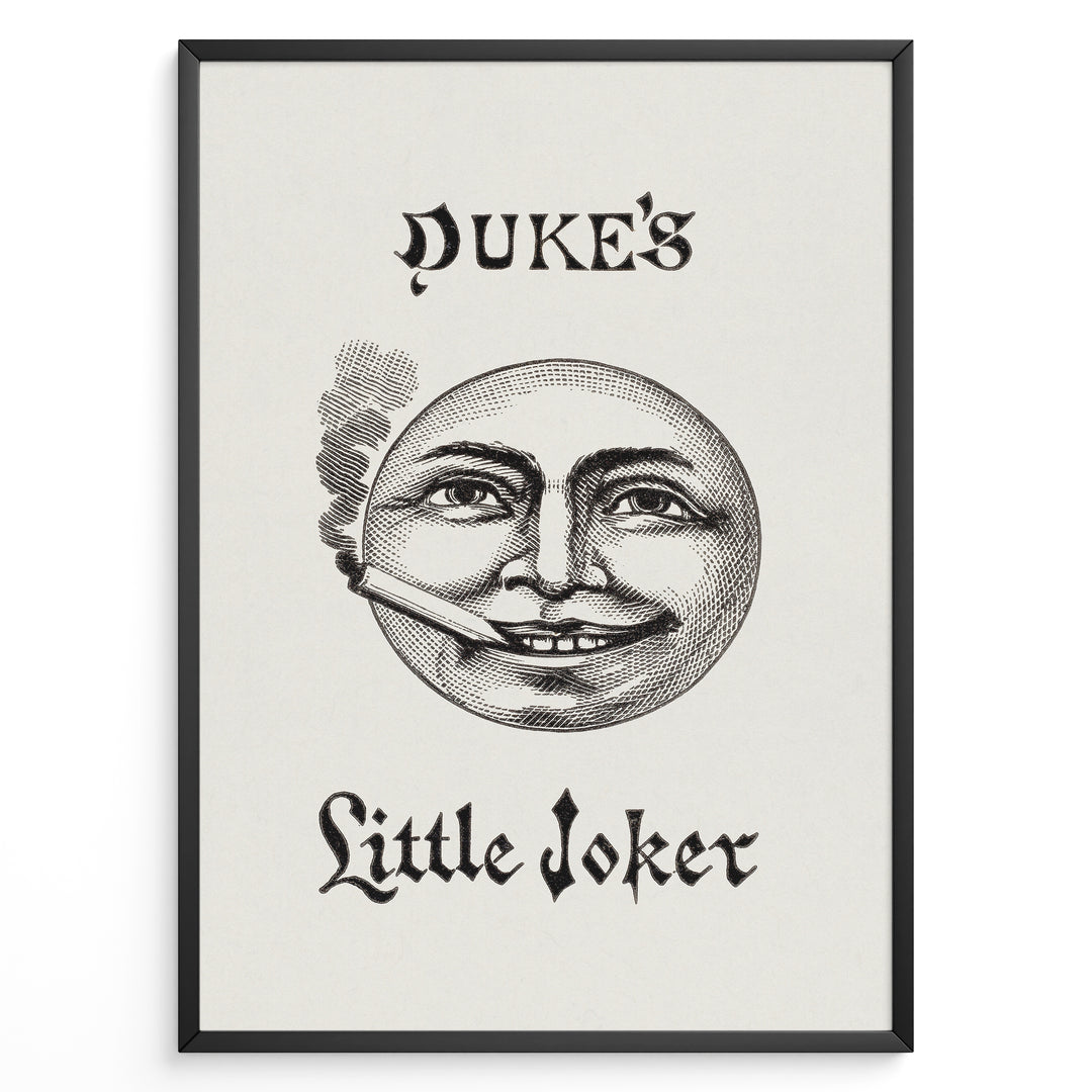 Framed Duke’s Little Joker vintage poster with detailed moon face illustration smoking a cigarette on a beige textured background.