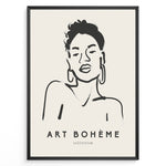 Indlæs billede til gallerivisning Framed Art Bohème poster with minimalist black line drawing of a woman wearing hoop earrings on a beige background.
