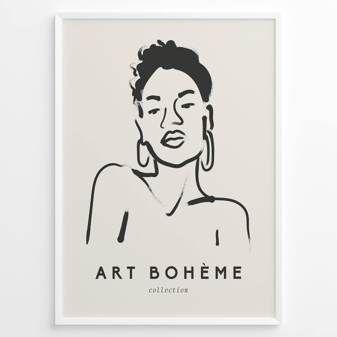 Framed Art Bohème poster with minimalist black line drawing of a woman wearing hoop earrings on a beige background.