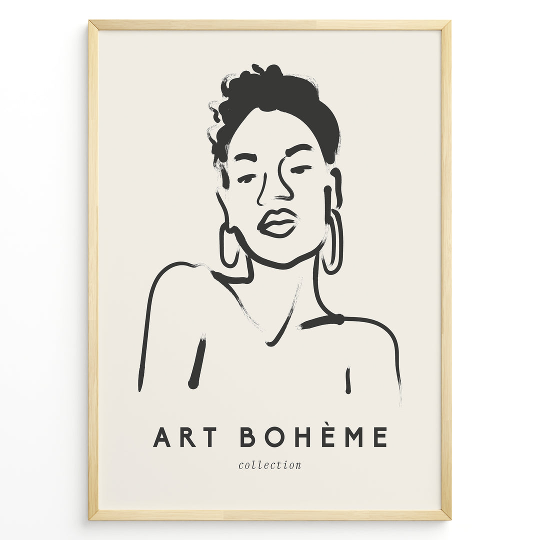 Framed Art Bohème poster with minimalist black line drawing of a woman wearing hoop earrings on a beige background.