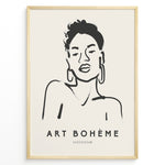 Indlæs billede til gallerivisning Framed Art Bohème poster with minimalist black line drawing of a woman wearing hoop earrings on a beige background.
