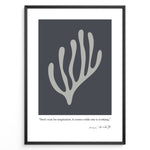 Indlæs billede til gallerivisning Framed Henri Matisse abstract coral art poster with grey organic shape on dark background and inspirational quote at the bottom.
