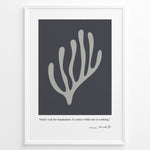 Indlæs billede til gallerivisning Framed Henri Matisse abstract coral art poster with grey organic shape on dark background and inspirational quote at the bottom.
