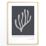 Indlæs billede til gallerivisning Framed Henri Matisse abstract coral art poster with grey organic shape on dark background and inspirational quote at the bottom.

