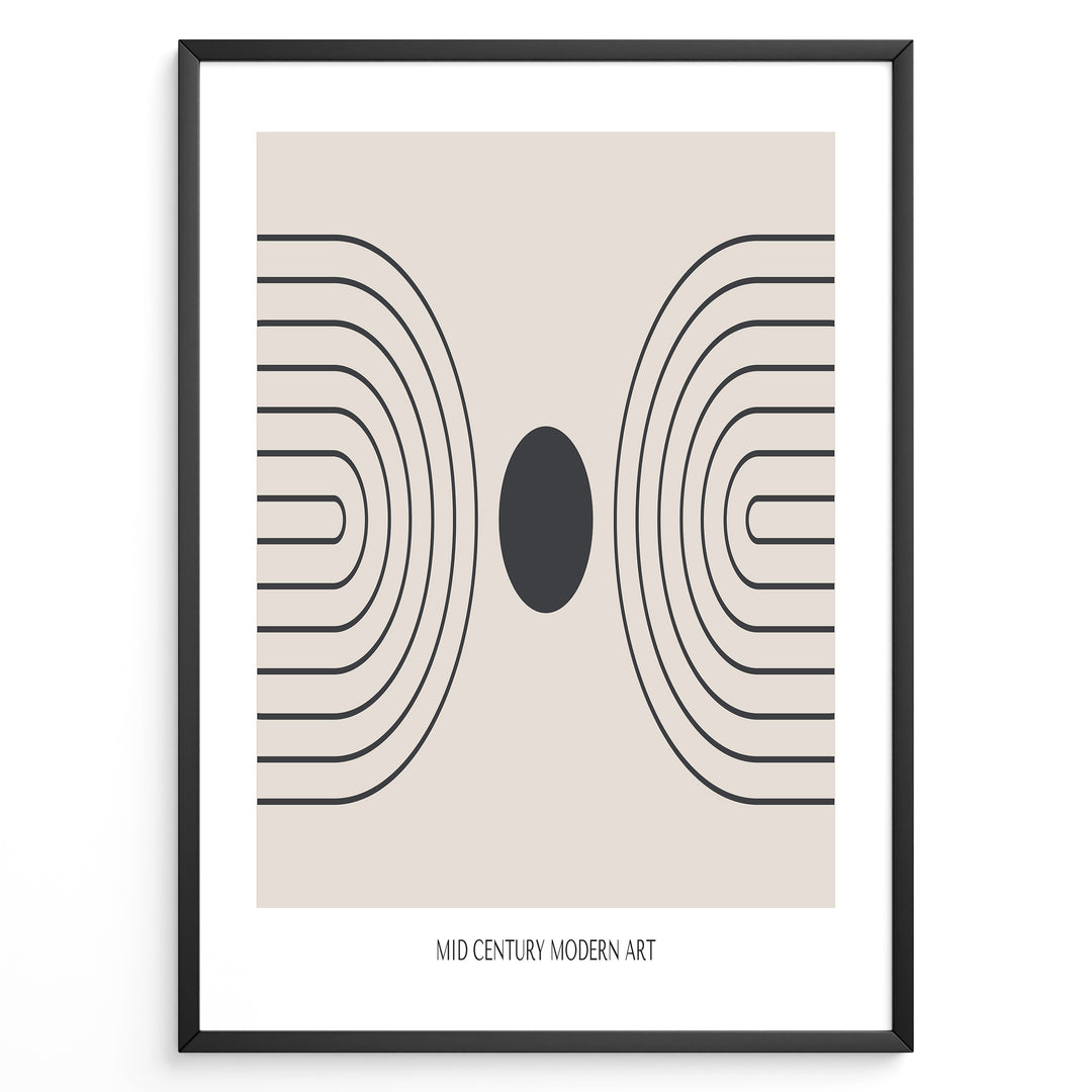 Framed mid-century modern art poster with black geometric line patterns and a central dark circle on a beige background.