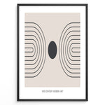 Indlæs billede til gallerivisning Framed mid-century modern art poster with black geometric line patterns and a central dark circle on a beige background.
