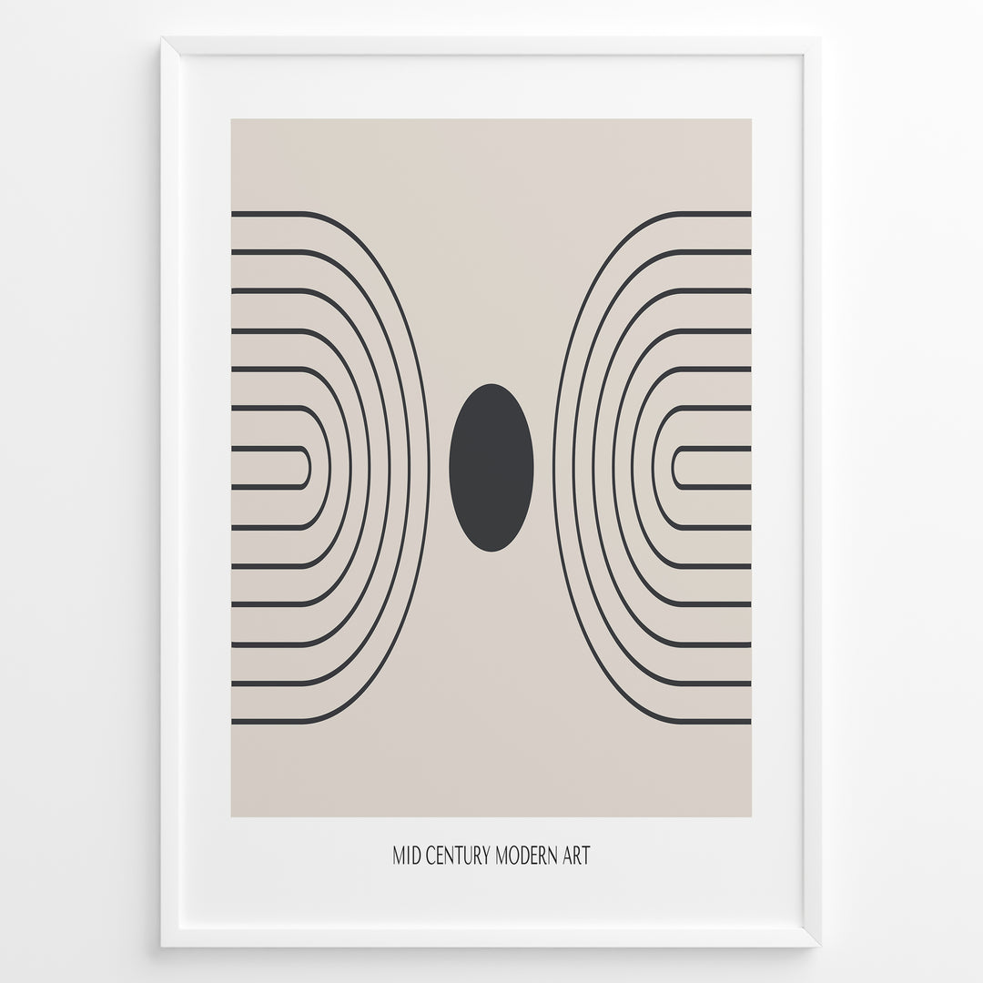 Framed mid-century modern art poster with black geometric line patterns and a central dark circle on a beige background.