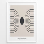 Indlæs billede til gallerivisning Framed mid-century modern art poster with black geometric line patterns and a central dark circle on a beige background.
