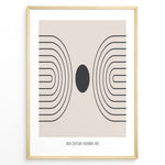 Indlæs billede til gallerivisning Framed mid-century modern art poster with black geometric line patterns and a central dark circle on a beige background.

