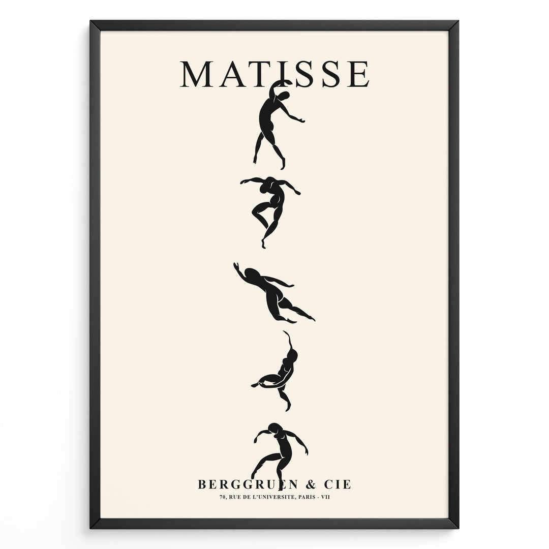 Framed Matisse art poster with black dancing silhouettes arranged vertically on a beige background.