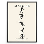 Indlæs billede til gallerivisning Framed Matisse art poster with black dancing silhouettes arranged vertically on a beige background.
