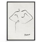 Indlæs billede til gallerivisning Framed Picasso line art poster depicting an abstract female figure outline in black on a textured beige background.
