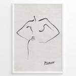 Indlæs billede til gallerivisning Framed Picasso line art poster depicting an abstract female figure outline in black on a textured beige background.
