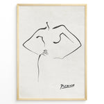 Indlæs billede til gallerivisning Framed Picasso line art poster depicting an abstract female figure outline in black on a textured beige background.
