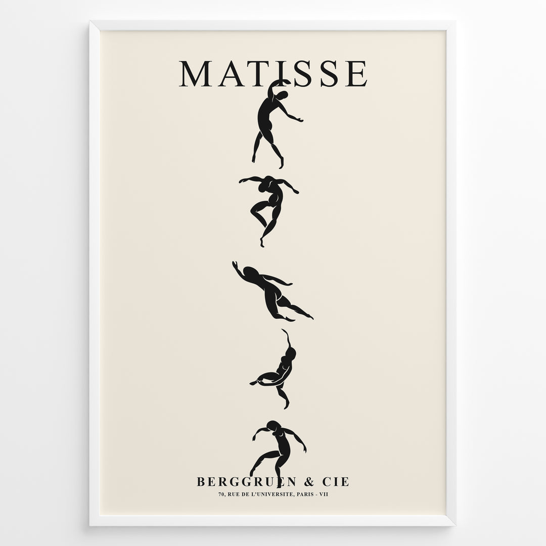 Framed Matisse art poster with black dancing silhouettes arranged vertically on a beige background.