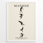 Indlæs billede til gallerivisning Framed Matisse art poster with black dancing silhouettes arranged vertically on a beige background.
